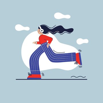 Young happy woman with long hair running on the road and listening music. City sports outdoor activity. Flat colourful vector illustration in hand drawn style.