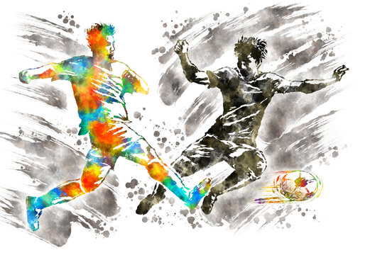 A soccer player and a soccer ball painted with watercolor splash effect