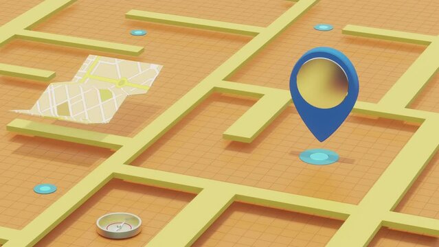 sylized animation, 3d low poly map with location pin and a compass, gps navigation app concept seamless loop (3d render)