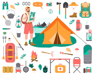 A set of tourist and tourist equipment in the apartment. Tourist guy with a tourist backpack. Vector illustration.
the mountains
