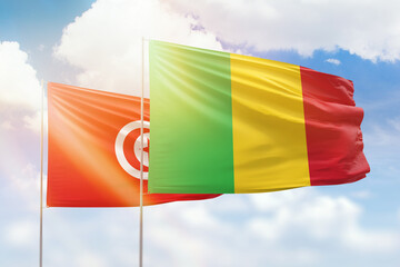 Sunny blue sky and flags of mali and tunisia