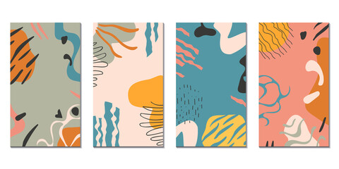 Fototapeta na wymiar Set abstract doodle contemporary wall art. Hand drawn organic shapes social media templates. Modern posters with animal pattern, irregular spots, ribbons, strokes, neuro wavy lines