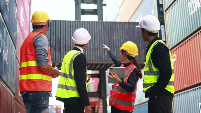 Business discussion in container Warehouse , Warehouse manager present job to excusive management