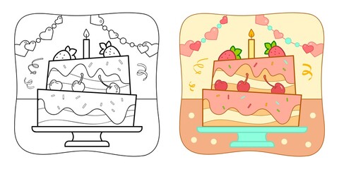Coloring book or Coloring page for kids. Cake vector clipart. Nature background.