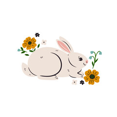 Cute rabbit and flowers isolated on white background. Vector graphics.
