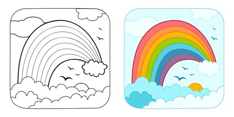 Coloring book or Coloring page for kids. Rainbow vector clipart. Nature background.