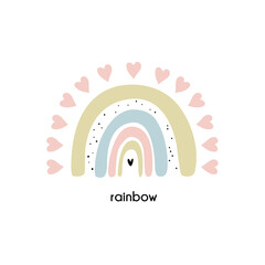 Rainbow. Hand drawn vector. Postcard design. Print for clothes, printing on fabric, gift wrapping, wallpaper. Cute design. Case print. Kids poster.