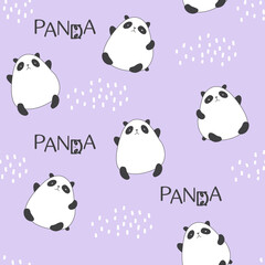 Vector hand-drawn cute pandas. Scandinavian style pattern with dots and hand lettering panda. On a purple background.