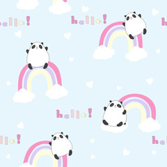 Obraz premium Vector hand drawn cute seamless pattern with panda, clouds, hearts and rainbow. Lettering hello by hand. Print for children's wallpapers, baby clothes, textiles.