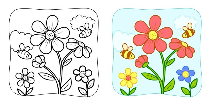 Coloring book or Coloring page for kids. Flower and bees vector clipart. Nature background.