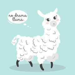 Cute alpaca llama vector graphic design. Lama character illustration. Print for baby clothes, textiles, wallpapers. No drama, lamma. Hand drawn vector.
