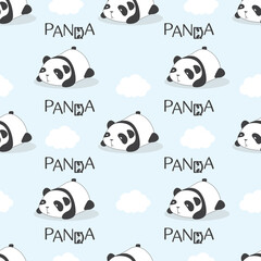 Obraz premium Vector. Hand-drawn pattern with pandas. The panda is lazy. Clouds in the background. Hand lettering panda.