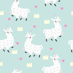 Vector. Hand-drawn llama with unicorn horn. Llama unicorn. Cute wallpaper with llamas. Cute hand-drawn pattern in Scandinavian style. Posters and prints on fabric. Kawaii animals.