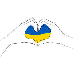 Banner "Love for Ukraine". Let's stop the war in Ukraine. Hands show a heart. Flag of Ukraine in the heart. T-shirt print. Patriotic design. Vector. Drawn by hand. On a white background.