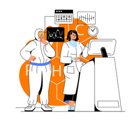 Conducting scientific researches. Man and girl in front of device analysis of cells and chemicals. Scientists in laboratory, modern technology and innovation. Cartoon flat vector illustration