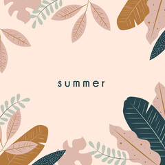 Summer banner. Tropical leaves. Hand drawn vector. Postcard design, print for printing on fabric, stationery. For websites. Gift card.