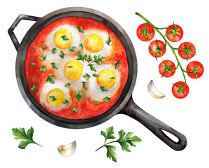 Shakshuka in a cast iron skillet on a white background