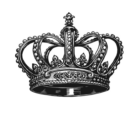 King Crown vector sketch. Hand drawn royal symbol of power drawn on white. Vintage engraved illustration