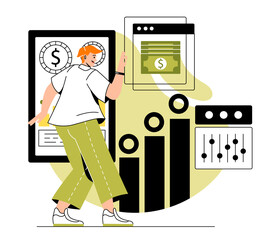 Finance and economics. Man looks at charts, marketing research. Successful businessman or investor calculates profit, financial literacy and work with statistics. Cartoon flat vector illustration