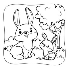 Rabbit black and white. Coloring book or Coloring page for kids. Nature background