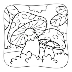 Mushrooms black and white. Coloring book or Coloring page for kids. Nature background