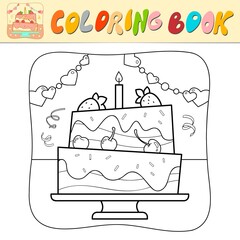 Coloring book or Coloring page for kids. Cake black and white vector. Nature background