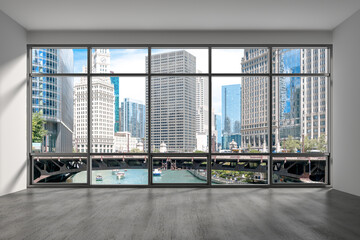 Downtown Chicago City Skyline Buildings from Window. Beautiful Expensive Real Estate. Epmty office room Interior Skyscrapers, River walk, bridge, waterfront view. Cityscape. Day time. 3d rendering.