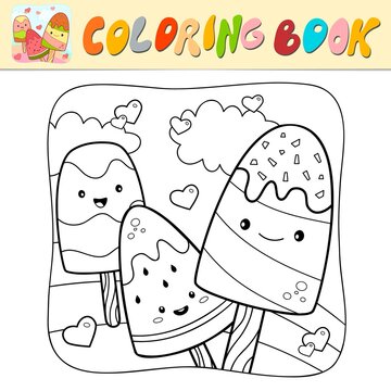 Coloring book or Coloring page for kids. Ice cream black and white vector. Nature background