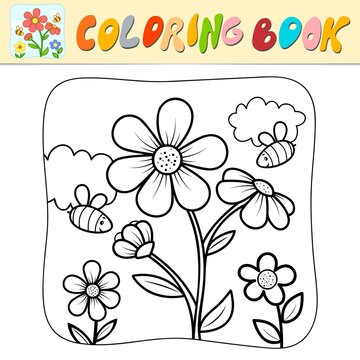 Coloring book or Coloring page for kids. Flower and bees black and white vector. Nature background