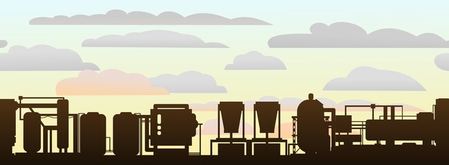 Fototapeta premium Production plant in morning. Silhouette of objects. Industrial technical equipment. Factory chemical. Modern technology enterprise. Seamless horizontal composition. Vector