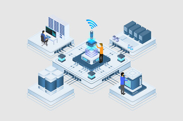 Data center or server room processing data operation with security protection and maintenance with isometric design style - vector