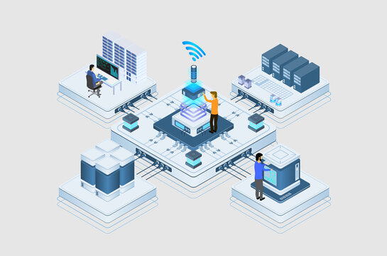 Data center or server room processing data operation with security protection and maintenance with isometric design style - vector