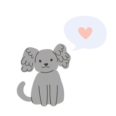 Cute grey dog or puppy sitting with bubble and heart. For cards, prints, banners, for animal shelter. Illustration isolated on white.