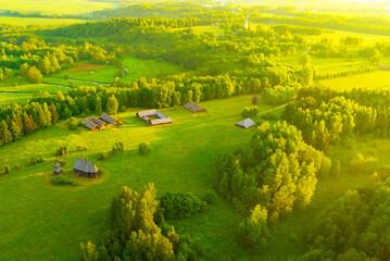 Village with wooden houses near forest. Field and forest in wild on sunrise. Country house in rural. Green fields and farmland. Village aerial view. Suburban house in rural. Old rural house in village