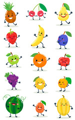 Fototapeta premium A set of humanized vegetables and fruits with cheerful faces. Vector illustration isolated on white background