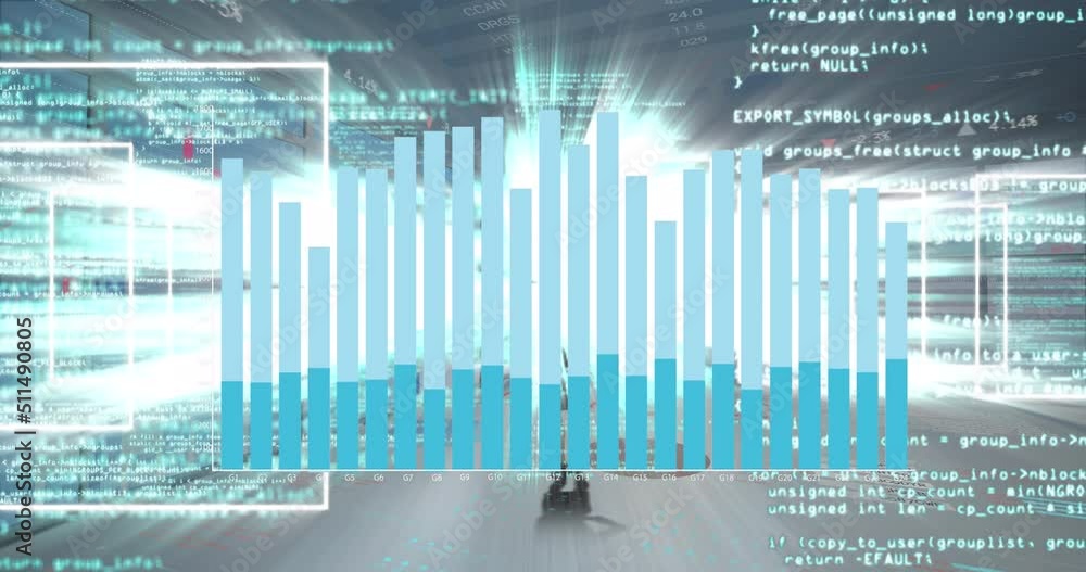 Poster animation of digital data processing over glowing lights