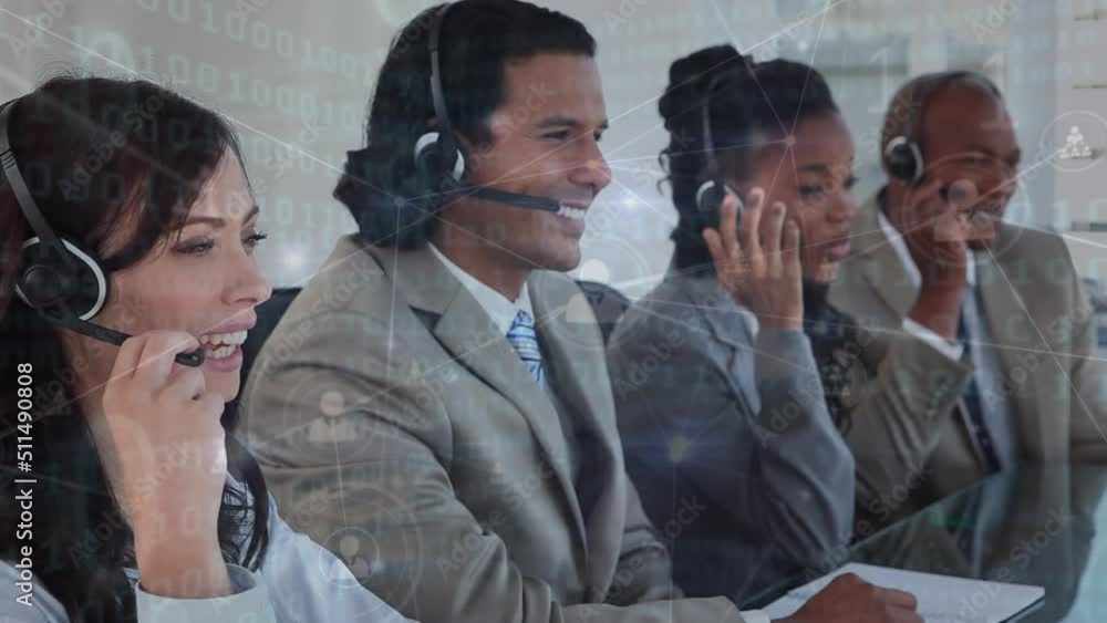 Poster animation of data processing over business people using phone headset