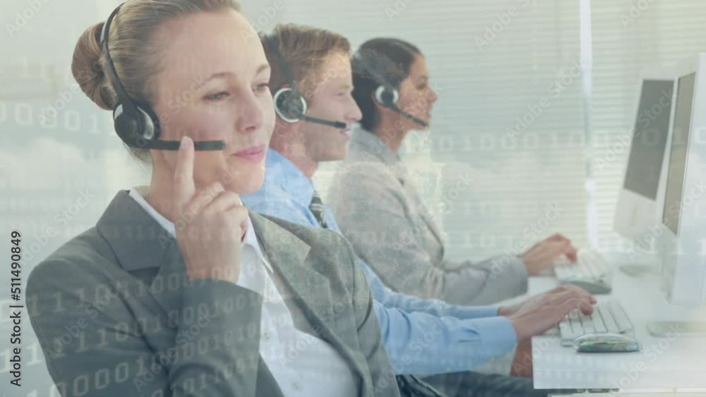Aufkleber animation of data processing over business people using phone headset