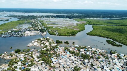 Amazing views from air shot by drone Pallam Island with perfect nature and buildings of village water green trees boats travel pictures best views houses streets roads river environment background 