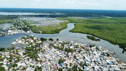 Amazing views from air shot by drone Pallam Island with perfect nature and buildings of village water green trees boats travel pictures best views houses streets roads river environment background 