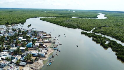 Amazing views from air shot by drone Pallam Island with perfect nature and buildings of village water green trees boats travel pictures best views houses streets roads river environment background 