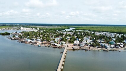Amazing views from air shot by drone Pallam Island with perfect nature and buildings of village water green trees boats travel pictures best views houses streets roads river environment background 