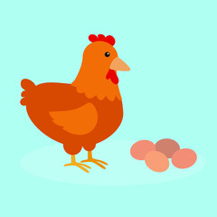 The chicken stands on its paws near the eggs