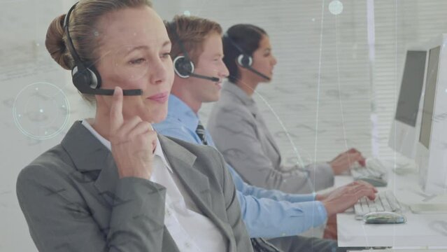 Animation of data processing over business people using phone headset