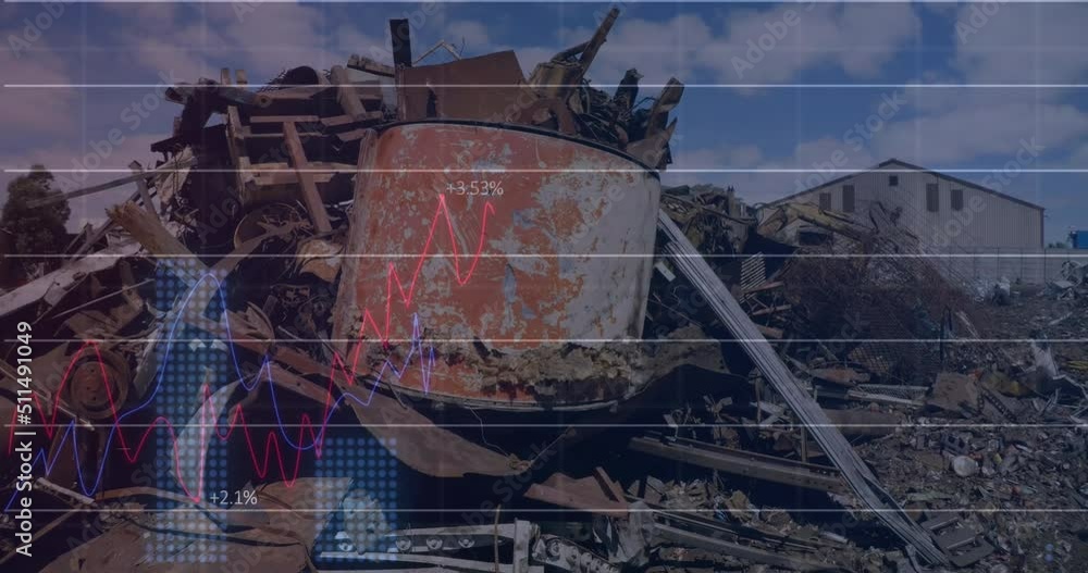 Poster animation of financial data processing over junkyard