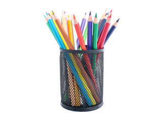 Colored pencils in pencil box isolated on white background.