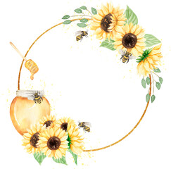Sunflowers, bee and Honey Wreath Clipart, Watercolor Sunny Flower Frame illustration, Rustic Meadow Floral Bouquet with insects, Wedding Invites, Baby shower, Logo design, card mking - 511491297