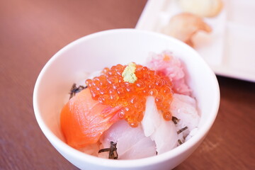 Japanese Food, Kaisendon bowl, Red Caviar and Salmon Seafood Boow in Japan - 日本料理 サーモン いくら 海鮮丼	