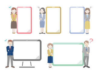 デバイス・pcとスーツ姿の男女のフレーム　困る　悩む