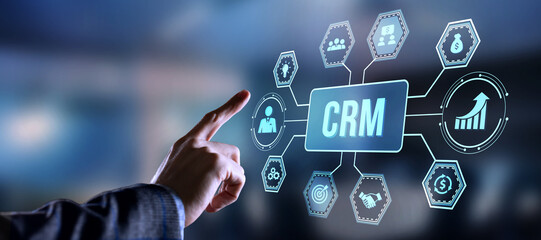 Internet, business, Technology and network concept.CRM Customer Relationship Management. Virtual button.